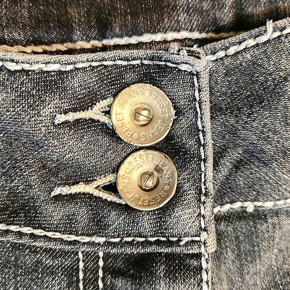 RESET Dark Wash Cropped Kick Flare Jeans Dual Button Fly Embroidered Pocket SZ16 - Picture 6 of 9
